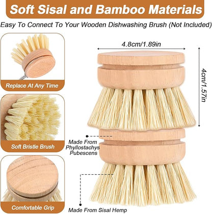 12 Pcs Bamboo Dish Brush Replacement Heads, Natural Sisal Bristle Refills, Eco Friendly Compostable Scrubber Heads for Cleaning Kitchen Utensils