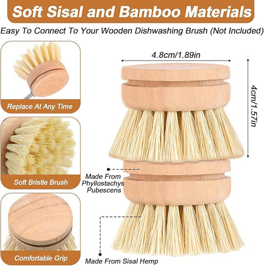 12 Pcs Bamboo Dish Brush Replacement Heads, Natural Sisal Bristle Refills, Eco Friendly Compostable Scrubber Heads for Cleaning Kitchen Utensils