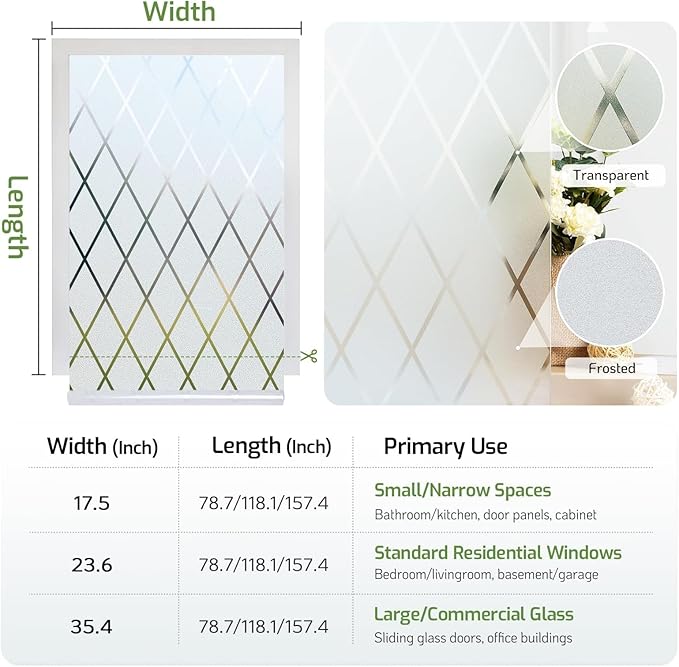 LUTE Frosted Glass Window Privacy Film, Static Cling Non-Adhesive Heat Control Window Cover, Removable Decorative Frosting Decals for Home Office, Lattice Pattern, 35.4" x 78.7"