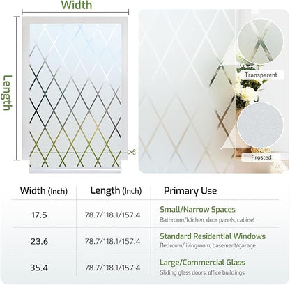 LUTE Frosted Glass Window Privacy Film, Static Cling Non-Adhesive Heat Control Window Cover, Removable Decorative Frosting Decals for Home Office, Lattice Pattern, 35.4" x 157.4"