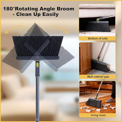 Heavy Duty Broom and Standing Dustpan Combo Set, Rotatable Head Dust Pan and Brush Set with Collapsible Handle, Cleaning Teeth, Hanging Loop, Ideal for Pets, RV, Kitchen, Camping, Outdoor Floor, Gray
