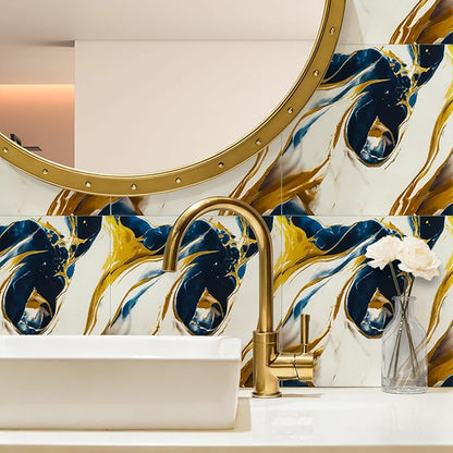 Peel and Stick Wall Panels, Self-Adhesive Waterproof Tile Look Wallpaper, Blue and Gold Marble Design, 2.4mm Thick, 30 Sheets