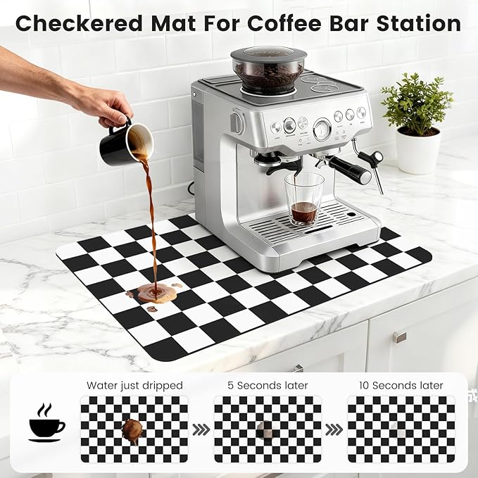 12" x 20" Checkered Dish Drying Mat for Kitchen Counter, Absorbent Coffee Bar Mat for Espresso Machine Coffee Countertops Accessories (Black)