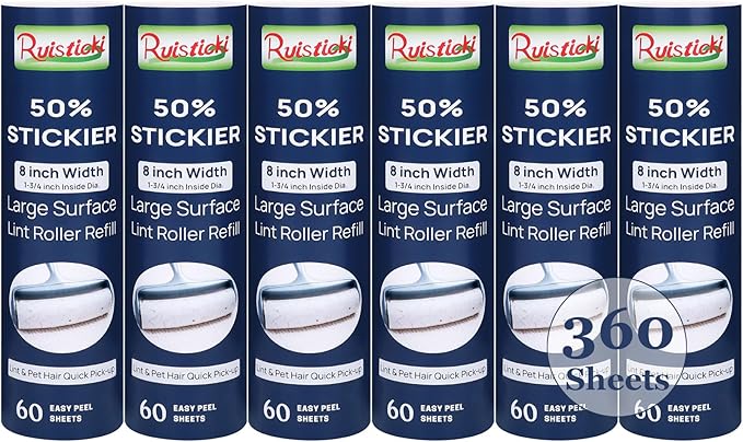 50% Stickier Large Surface Lint Roller Refill for Scotch-Brite Pet Hair Pickup Extra Sticky Large Lint Roller 8 inch Replacement Refills 6 Rolls, 60 Sheets per Refill, 360 Sheets Total