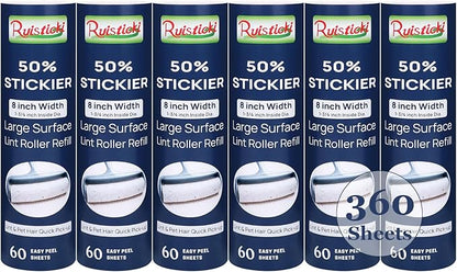 50% Stickier Large Surface Lint Roller Refill for Scotch-Brite Pet Hair Pickup Extra Sticky Large Lint Roller 8 inch Replacement Refills 6 Rolls, 60 Sheets per Refill, 360 Sheets Total
