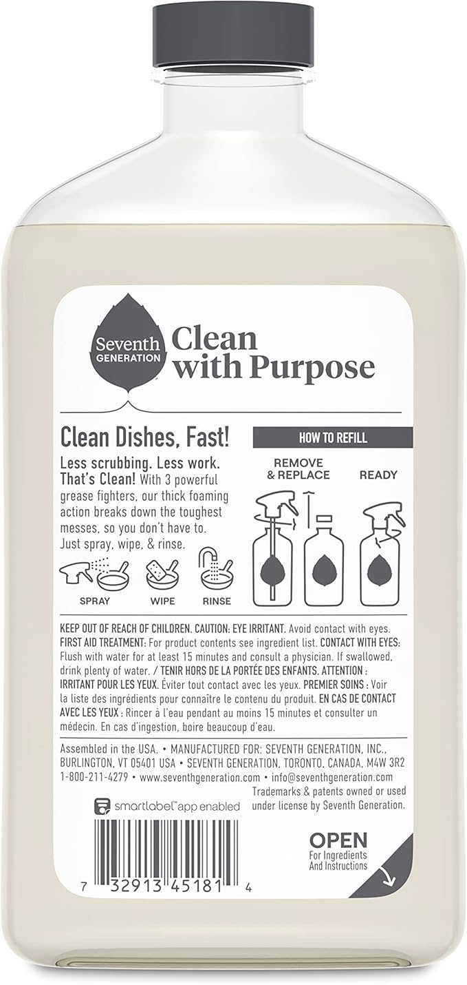 Seventh Generation Foaming Dish Spray,3 Refills and 1 Sprayhead,16 Fl Oz,(Pack of 6)