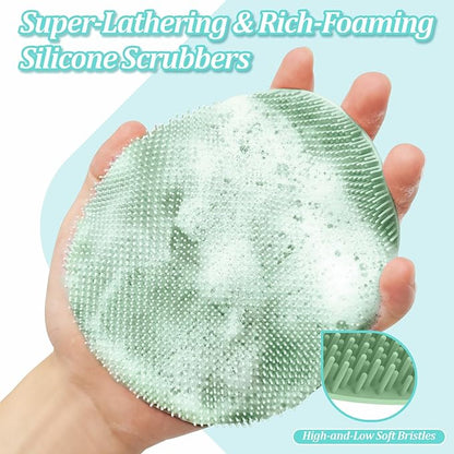 Silicone Back/Face Scrubber & Soft Bath Glove 3PCS, 16''- 24'' Extendable Shower Back Scrubber, 360° Anti-Slip & Hand-fit Silicone Body Scrubber, Manual Face Brush for All-round Cleaning(Green)