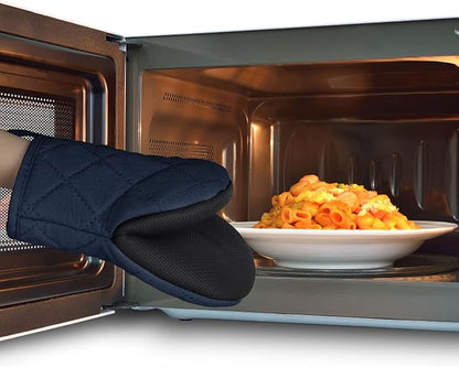 Short Oven Mitts, Heat Resistant 500°F, Silicone Grip Kitchen Gloves, Non-Slip for Baking, Grilling, BBQ, Machine Washable with Hanging Loop, 2-Pack Set, Navy Blue