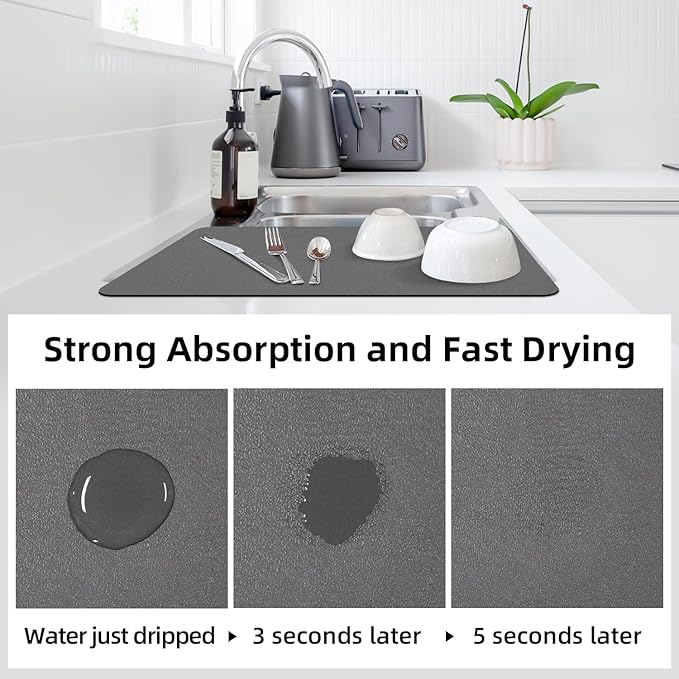 LOPNUR Kitchen Dish Drying Mat, 24"x16" Large Dish Drying Mats for Kitchen Counter, Diatomite Coffee Mat, Super Absorbent Dish Drying Pad, Heat Resistant Mat with Anti-slip Rubber Backed, Grey
