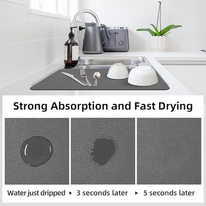LOPNUR Kitchen Dish Drying Mat, 18"x16" Small Dish Drying Mats for Kitchen Counter, Diatomite Coffee Mat, Super Absorbent Dish Drying Pad, Heat Resistant Mat with Anti-slip Rubber Backed, Grey