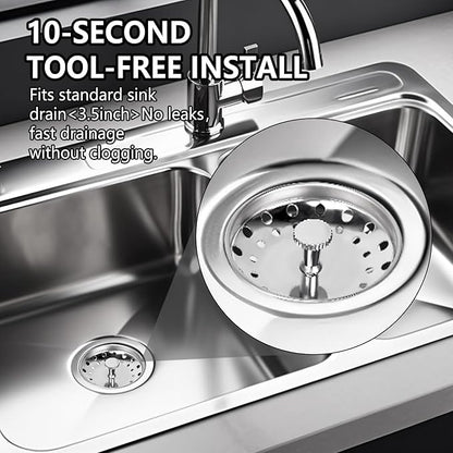 Uni-Green - 2 Pack - Kitchen Sink Strainer and Stopper Kit Basket - Replacement for US Standard 3-1/2 Inch Kitchen Sink Drain - 304 Stainless Steel Basket with Knob - Rubber Sink Stopper Bottom