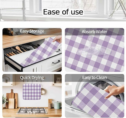 Dish Drying Mat Purple Buffalo Check Plaid Drying Mats for Kitchen Counter Farmhouse Style Absorbent Microfiber Dish Drainer Quick Drying Coffee Mat with Hanging Loop, 18 x24 inch