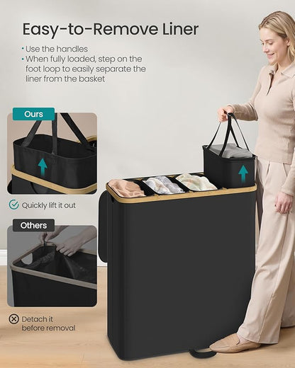 SONGMICS Laundry Hamper, Laundry Sorter with Lid, Storage Basket Bin, Removable Liners, Bamboo Frame, for Bedroom, 4 Sections, 59.4 Gallon (225 L), Ink Black ULCB534BH01