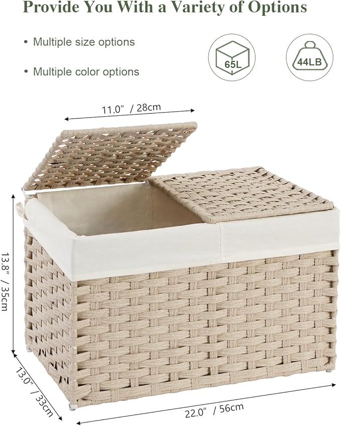 Storage Basket with Lid Rattan Woven Storage Baskets with 2 Separate Lids, 17.2 Gallon (65 L) Wicker Storage Bins Foldable 2 Removable Liner Bags Handles for Bedroom, Laundry Room Light Khaki