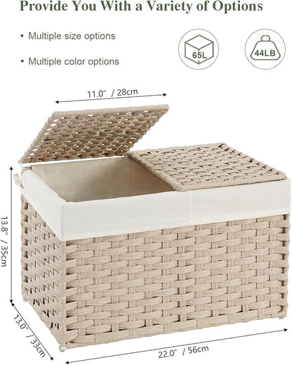 Storage Basket with Lid Rattan Woven Storage Baskets with 2 Separate Lids, 17.2 Gallon (65 L) Wicker Storage Bins Foldable 2 Removable Liner Bags Handles for Bedroom, Laundry Room Light Khaki