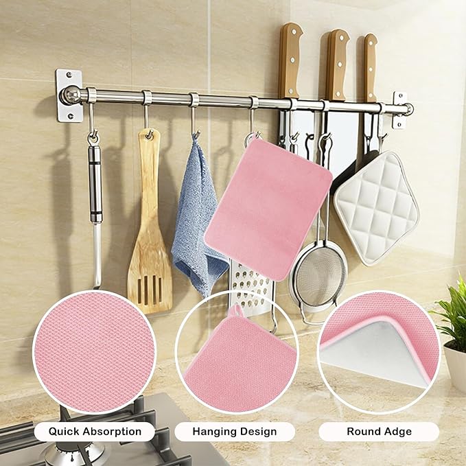 2 Pack Microfiber Dish Drying Mats with Hanging Loop, 20*15 Inch Absorbent Dish Drainer Kitchen Counter, Solid Color Dish Drying Pad for Countertops, Sinks, Draining Racks (Pink)