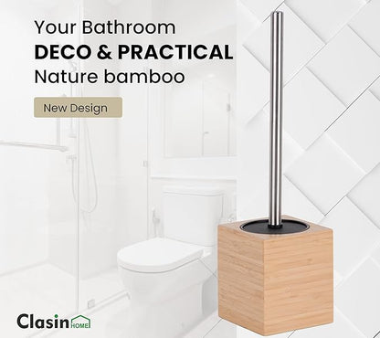 Toilet Bowl Brush Holder with Bamboo and Stainless Steel for Durable Use, Toilet Scrubber Brush with Long Handle for Easy Deep Cleaning, Compact Hidden Bathroom Toilet Cleaner Brush Set