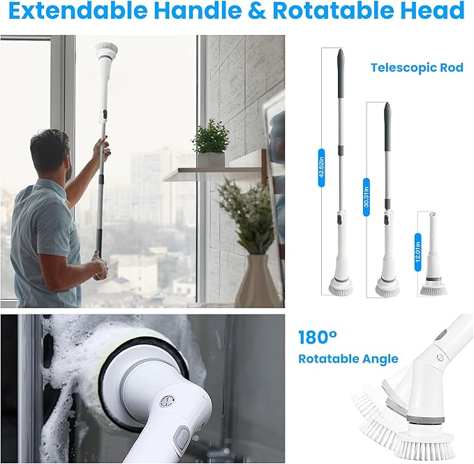 Moclever Electric Spin Scrubber – Cordless, Rechargeable, 400RPM Powerful Cleaning Brush with 6 Replaceable Heads, 2-Speed Adjustment & Extendable Handle for Bathroom, Tile, and Grout