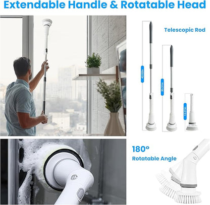 Moclever Electric Spin Scrubber – Cordless, Rechargeable, 400RPM Powerful Cleaning Brush with 6 Replaceable Heads, 2-Speed Adjustment & Extendable Handle for Bathroom, Tile, and Grout