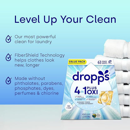 Dropps 4-in-1 Plus Oxi Laundry Detergent Pods, Free & Clear (63 Count) - Unscented Laundry Pods | Odor Defense | Fights Stains | Whitens & Brightens | Clean Ingredients | Plastic Free Packaging
