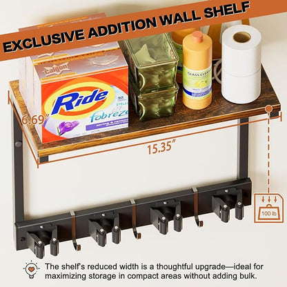 Broom Holder Wall Mount with Cleaning Supplies Organizer, Laundry Room Organization and Storage Shelves, Mop Hanger Broom Rack with Hooks, Home Improvement Kitchen Shelf Garage Organizer
