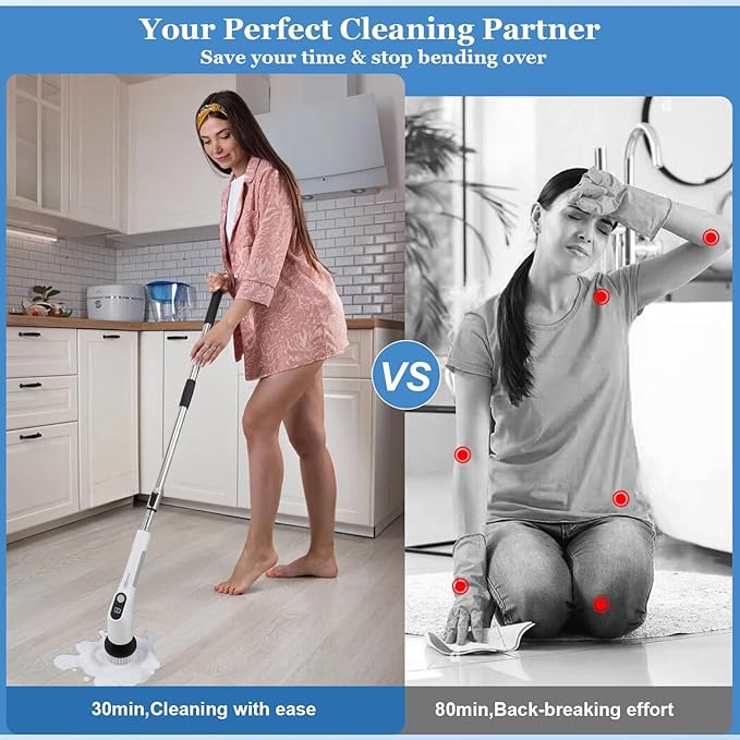 Fixm Cordless Electric Spin Scrubber, Powerful 2-Speed Shower & Bathroom Cleaner with LED Display, Adjustable Handle & 11 Brush Heads, Lightweight, Rechargeable & Perfect for Tough Grime