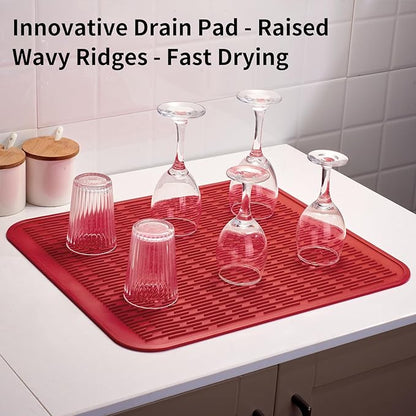 ZLR Large Silicone Dish Drying Mat (16" x 18") - XL Heavy Duty Drainboard Mat for Pots, Pans & Family Loads - Heat Resistant Trivet & Counter Protector, Easy Clean (Lava Red)