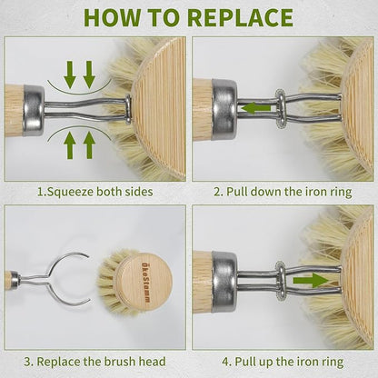 Bamboo Dish Brush with Long Handle - Natural Dish Scrubber Brush Set Includes 4 Replacement Brush Heads, Sisal Bristle Bamboo Brush for Dishes, Pans, Pot, Fruit and Veggie
