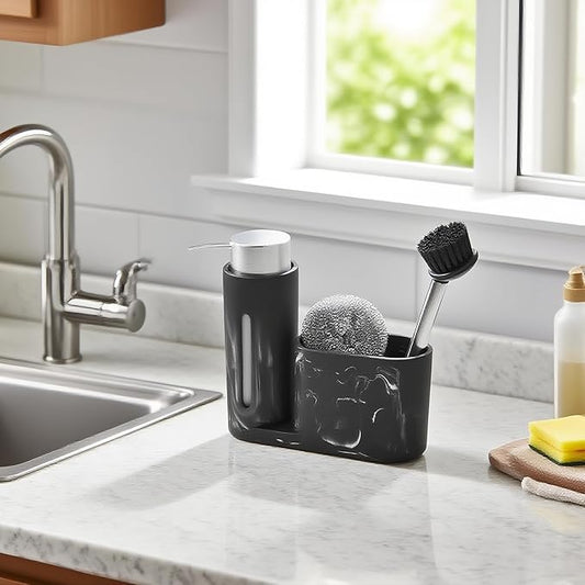 Kitchen Soap Dispenser Set 3 in 1, Dish Soap Dispenser with Sponge Holder, Dish Brush & Brush Holder, Kitchen Sink Caddy Organizer for Countertop, Rustproof（Black）