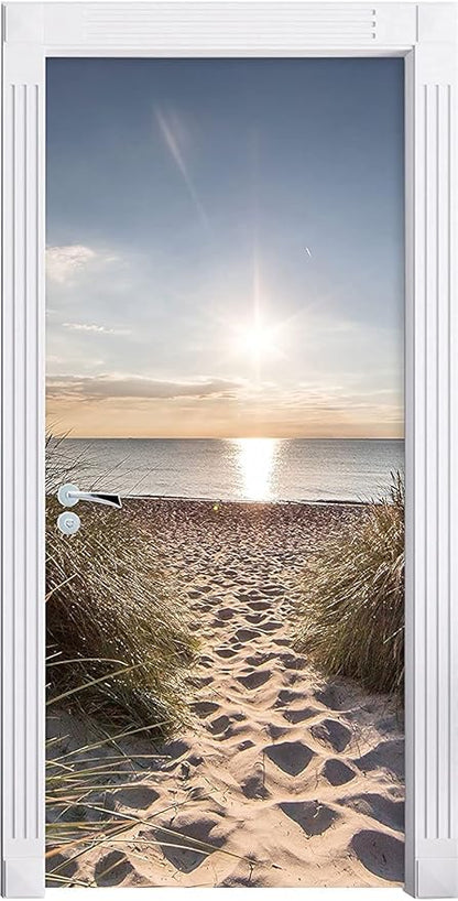 3D Door Stickers Peel and Stick Wall Pictures Beach Path Self Adhesive Removable Waterproof PVC Posters for Bedroom Living Room 80pcs