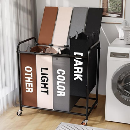 4-Compartment Laundry Cart with Lockable Wheels & Lid 180L Large Wheeled Laundry Basket Heavy-Duty Sorting Organizer for Laundry Room (Multicolor)