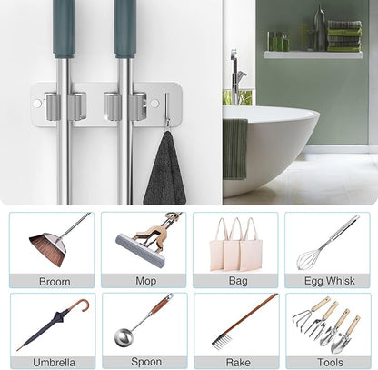 homeasy Wall Mount Mop and Broom Holder, Heavy Duty Stainless Steel Organizer Rack with Hooks | 2-Pack, 2-in-1 No Drill & Screw Installation, Silver