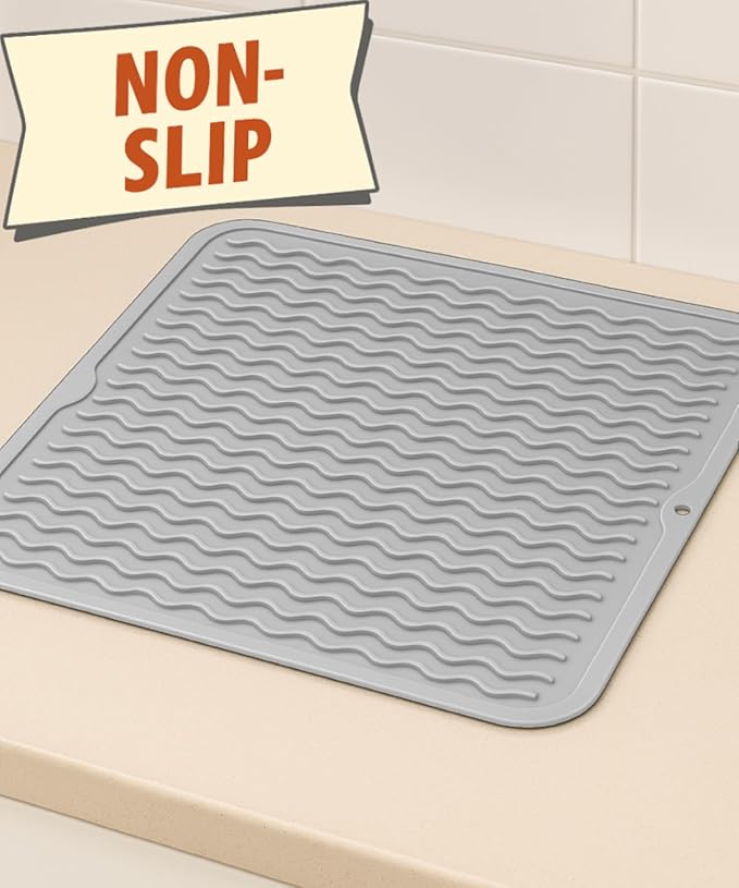 Silicone Drying Mat 16 × 12 – Gray Non-Slip Sink Mat for Kitchen Counter, Heat-Resistant Food-Grade Dish Pad, Easy-Clean Multipurpose Drawer Liner (Gray, 16'' x 12'')