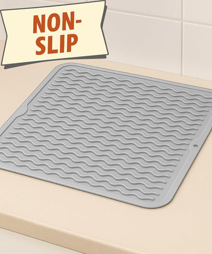 Silicone Drying Mat 16 × 12 – Gray Non-Slip Sink Mat for Kitchen Counter, Heat-Resistant Food-Grade Dish Pad, Easy-Clean Multipurpose Drawer Liner (Gray, 16'' x 12'')