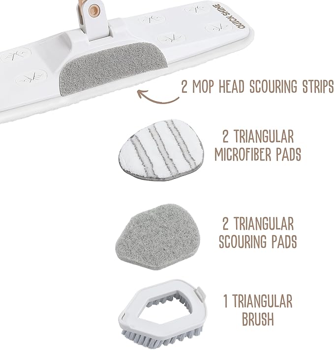 Quick Shine 7-Piece Accessory Pack – Includes 2 Triangular Pads, 2 Scour Pads, 2 Scour Strips & 1 Scrub Brush | Compatible with All-in-One Mop Kits | Reusable Floor Cleaning Set