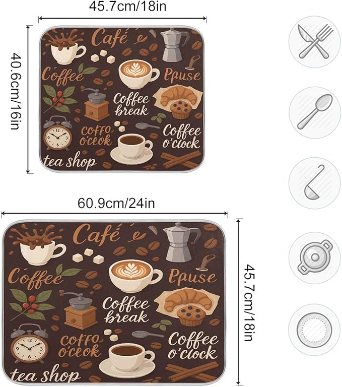 Tea and Coffee Theme Microfiber Dish Drying Mat Absorbent Dish Draining Mat Large Size 18 x 24 Dishes Drainer Mat for Countertop Dish Drying Pads