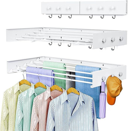 Drying Rack Clothing,Clothes Drying Rack Wall Mounted,Laundry Drying Rack Wall Mount,Foldable,Collapsible,60 lb Capacity 5 Aluminium Poles with 6 Hooks (White, 31" Upgrade)