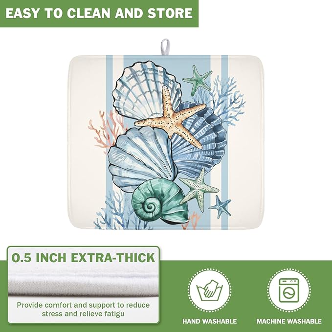 Summer Sea Shell Drying Mat 18x16 Inch, Starfish Drying Mat with Absorbent Reversible Microfiber, Coastal Dish Drainer Mats Holiday Ocean Rack Pad for Coffee Countertop Kitchen Protector