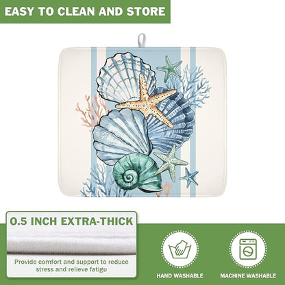 Summer Sea Shell Drying Mat 18x16 Inch, Starfish Drying Mat with Absorbent Reversible Microfiber, Coastal Dish Drainer Mats Holiday Ocean Rack Pad for Coffee Countertop Kitchen Protector