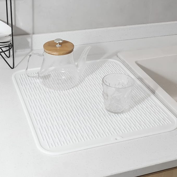MicoYang Silicone Dish Drying Mat for Multiple Usage,Easy clean,Eco-friendly,Heat-resistant Silicone Mat for Kitchen Counter or Sink,Refrigerator or Drawer Liner White 2XL 24 inches x 18 inches