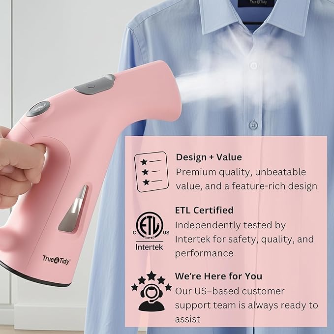 True & Tidy Compact Handheld Garment Steamer for Clothes, Travel Steamer with Stainless Steel Nozzle, 800 watts, Pink