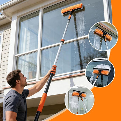 26FT High Reach Duster Kit with 5-20FT Flip-Lock & Screw Dual Locking Extension Pole, Cobweb Duster, Washable Ceiling Fan Cleaner & Window Squeegee for Glass & High Roof