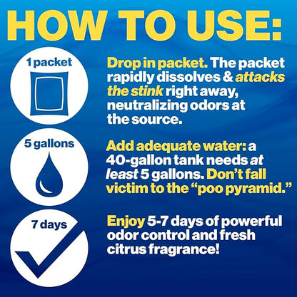 Walex Citra-Pak RV/Marine Holding Tank Deodorizer Drop-Ins - Waste Breakdown & Odor Control, Cleans Holding Tank & Sensors, Biocide-Free, Treatment for RVs, Boats, & Portable Toilets - Citrus, 30 Pack
