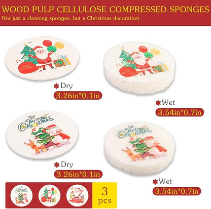 3 Pcs Biodegradable Wood Pulp Cellulose Compressed Cleaning Sponge Premium Kitchen Dishwashing Sponge Hanging Decorations for Christmas Tree Decorations, Kitchen, Bathroom and Surface Cleaning