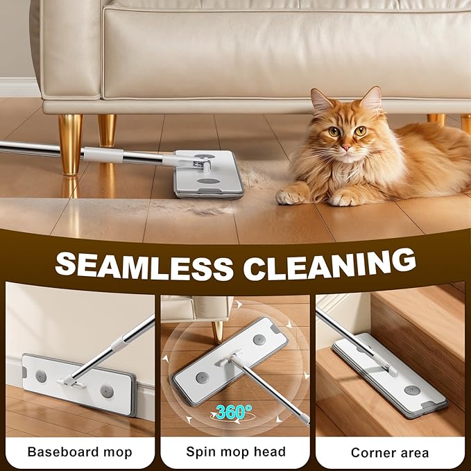 Flat Mop and Bucket System - Mop and Bucket with Wringer Set for Home | Wet Dry Mop for Apartment, Tiny Home, Windows, Wall, Hardwood Floor, RV with 6 Reusable Microfiber Cloth