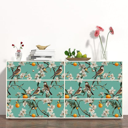 Teal White Bird Floral Wallpaper Peel and Stick, Fresh Orange Tree Contact Paper, Self Adhesive Removable Retro Flower Wall Mural Wall Paper for Room Walls Shelves Cabinet Table Decor 17.5" x 118"