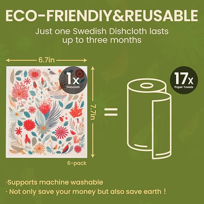 Swedish Dishcloths for Kitchen Reusable 6 Pack Kitchen Towels No Odor Quick-Drying Reusable Paper Towels Reusable Paper Towels Washable for Countertop Sink Kitchen Flower Bird