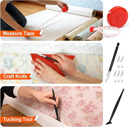 WRAPXPERT Wallpaper Tools, Smoothing Tool Kit for Peel and Stick Wallpaper/Contact Paper/Vinyl Backsplash Applying, with Squeegee Smoother, Seam Roller, Razor Scraper, Knife and Blades