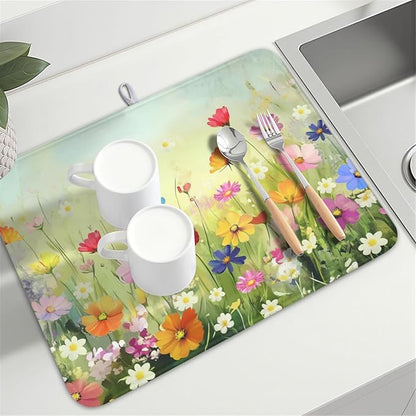 Spring Summer Daisy Dish Drying Mat 18 x 24 Inch Colourful Floral Pattern Dish Drainer Rack Mat Absorbent Microfiber Mats Holiday Dish Pad for Kitchen Coffee Dining Bar Decor