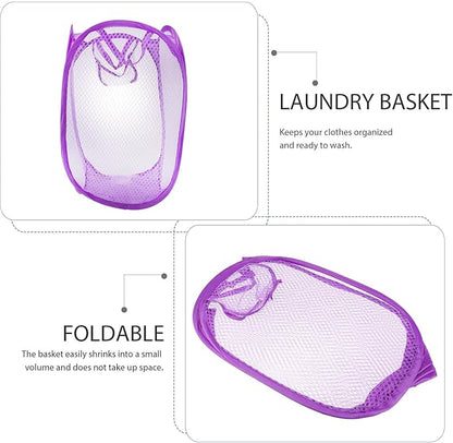 Foldable Pop-up Mesh Laundry Hamper with Handles Purple Breathable Clothes Basket for College Dorm Small Apartment Camping Storage Organizer